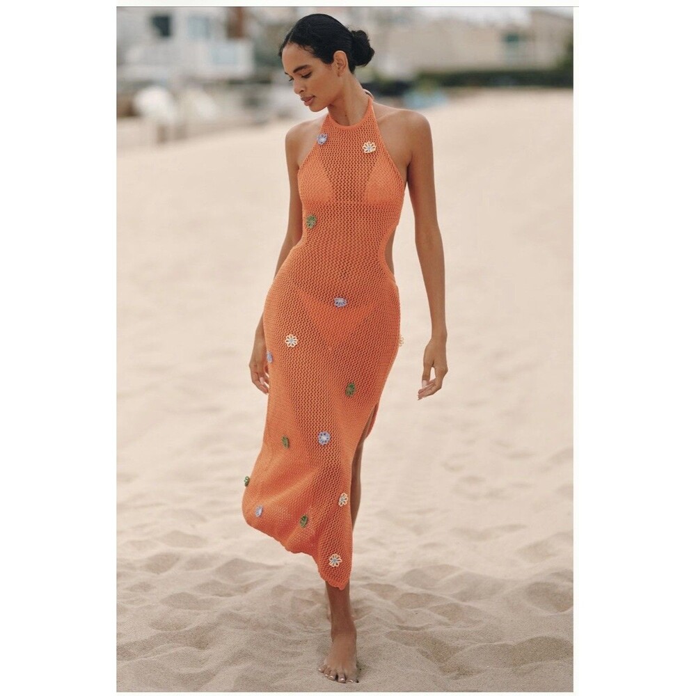 Anthropologie Celandine Crochet Halter Cover Up Orange Size Small Dress NWT